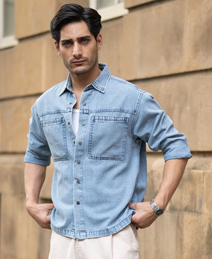 Powerlook Blue Double Pocket Denim Shirt  Cotton