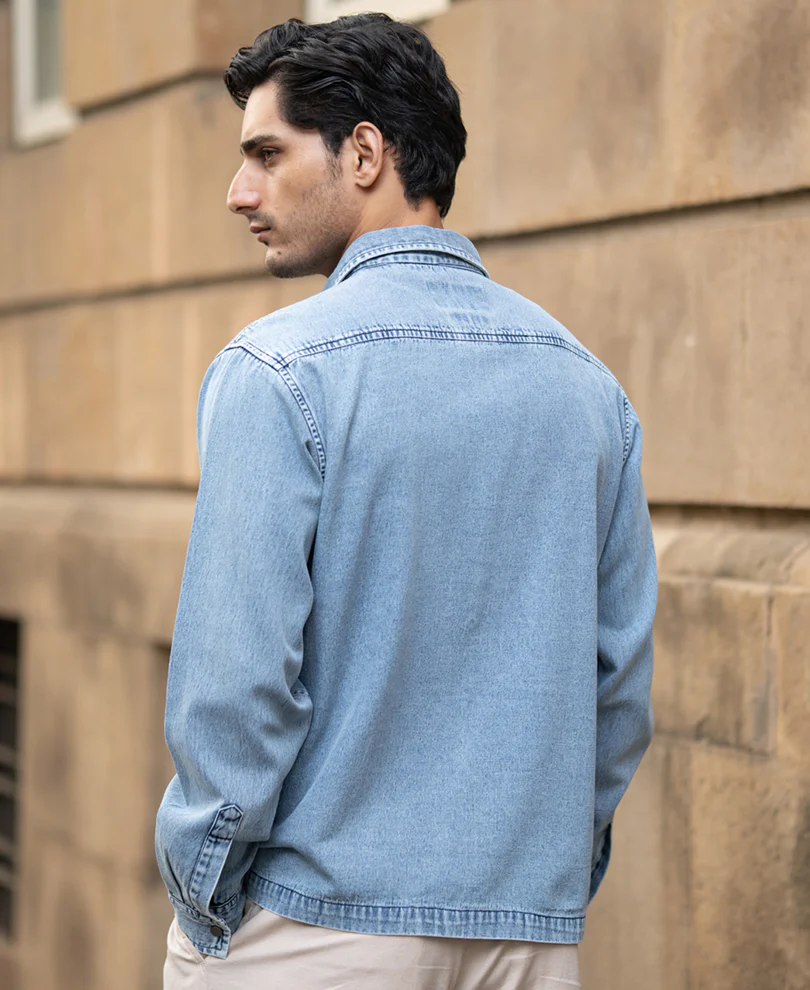 Powerlook Blue Double Pocket Denim Shirt  Cotton