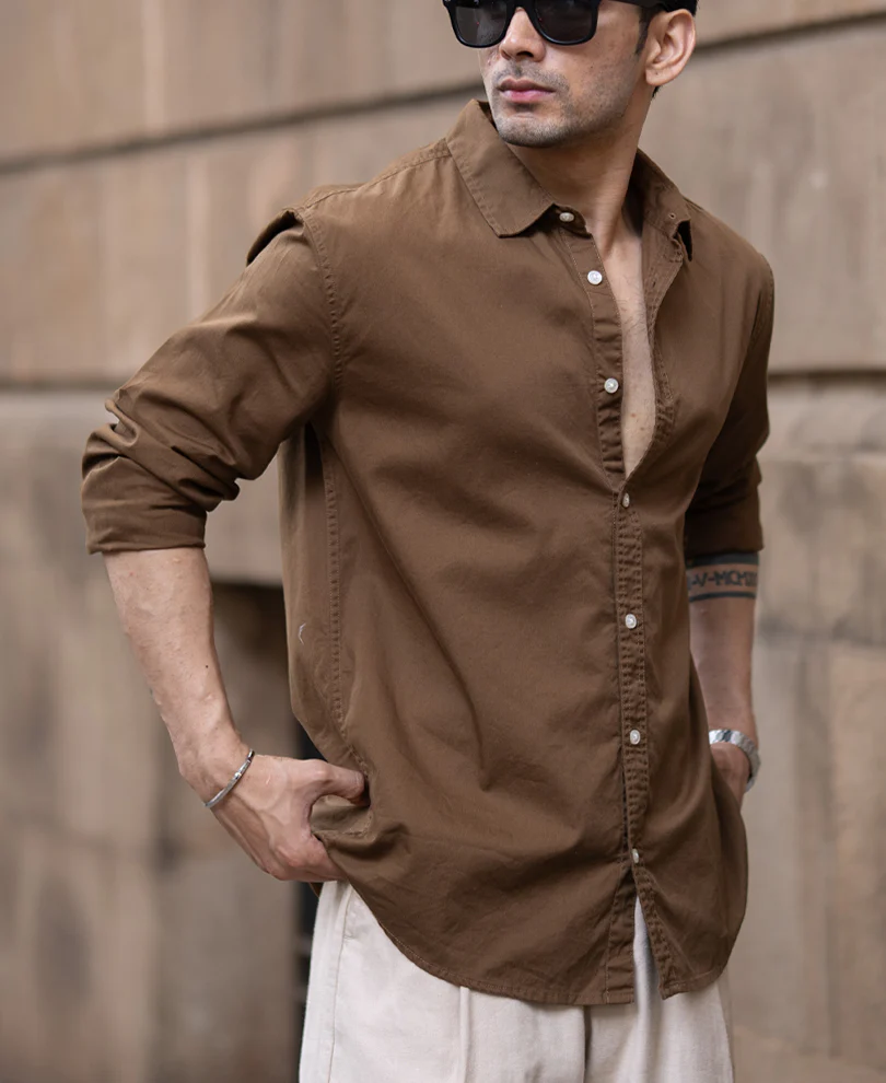 Powerlook Tan Brown Washed Shirt  Cotton