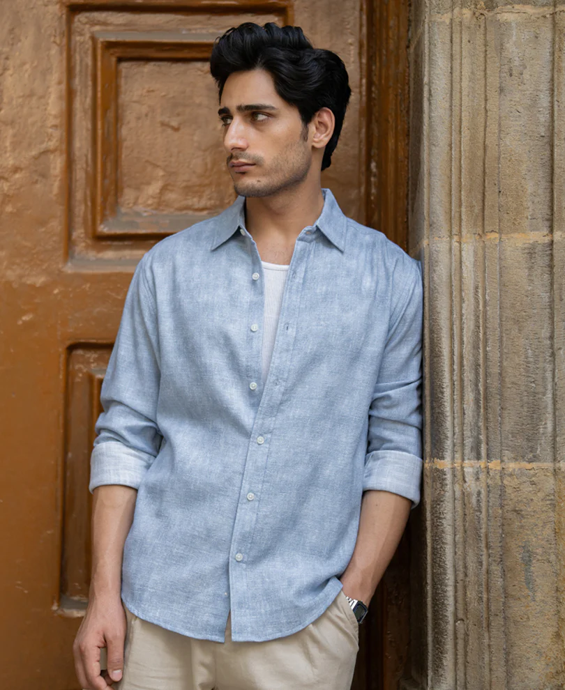 Powerlook Light Blue Slub Shirt  Cotton