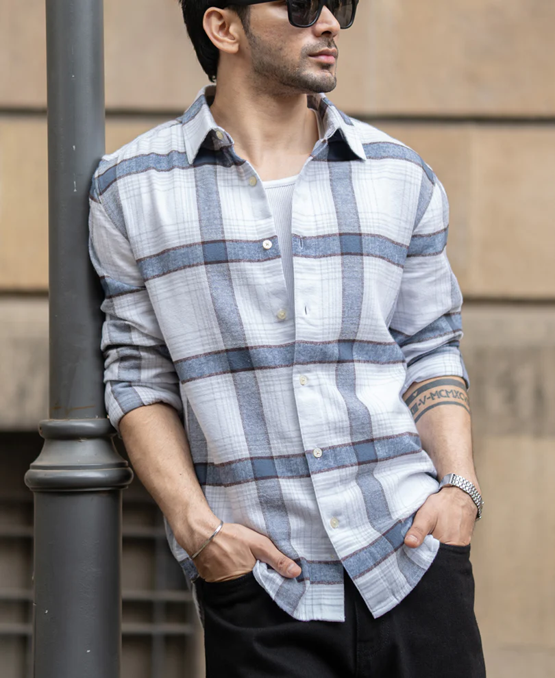 Powerlook Grey Structured Checked Shirt Cotton
