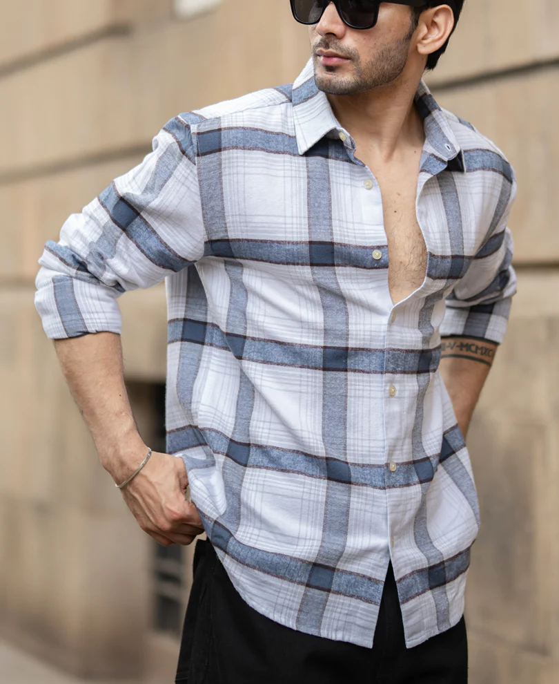 Powerlook Grey Structured Checked Shirt Cotton