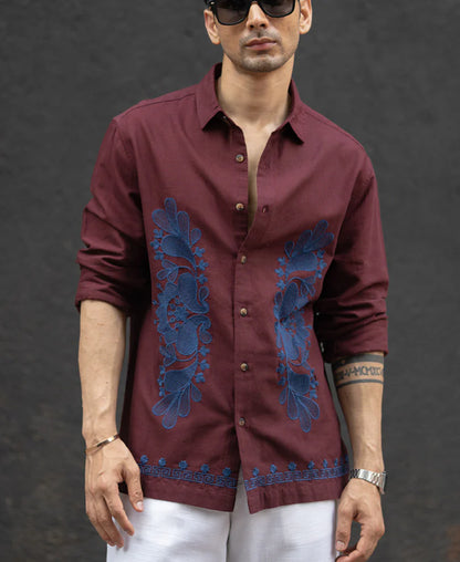 Powerlook Wine Embroidered Linen Blend Shirt