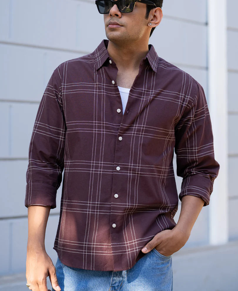 Powerlook Brown Linen Blend Checks Shirt  Cotton