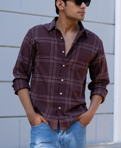 Powerlook Brown Linen Blend Checks Shirt  Cotton