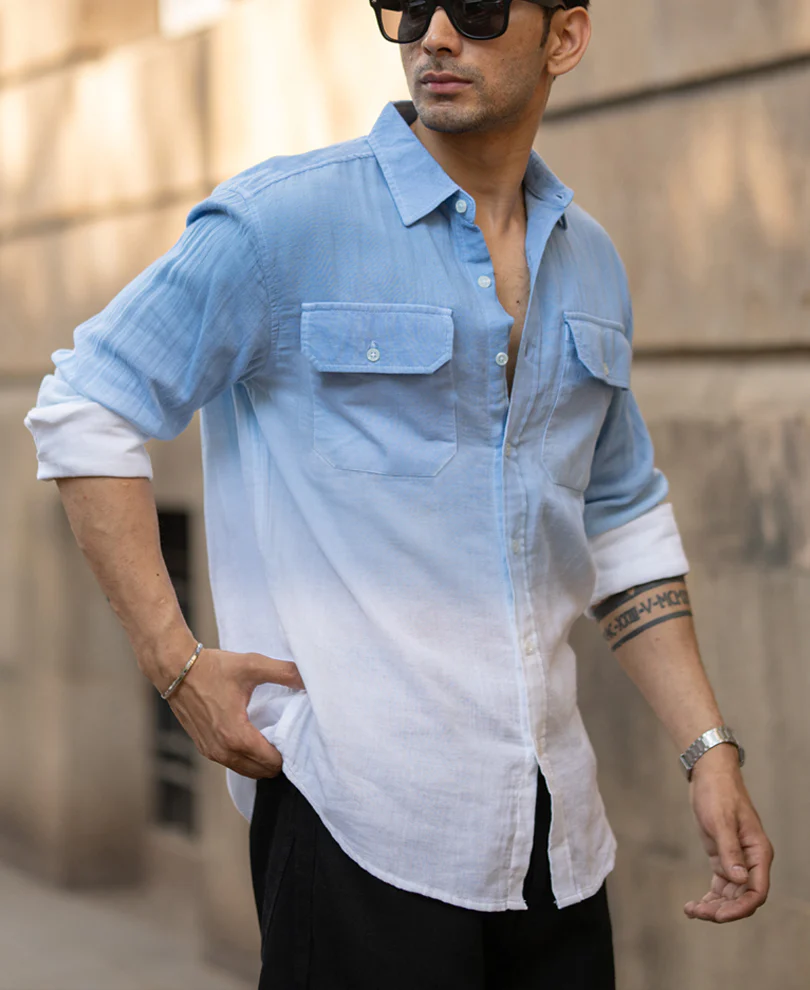 Powerlook Blue Double Pocket Ombre Shirt  Cotton