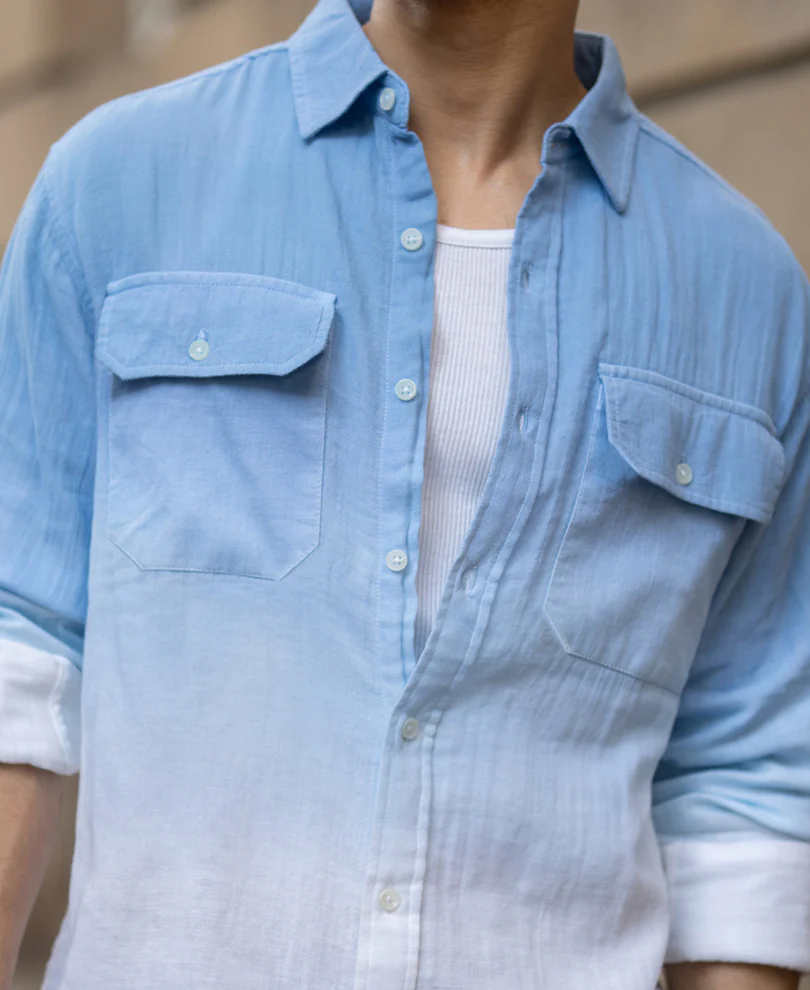 Powerlook Blue Double Pocket Ombre Shirt  Cotton