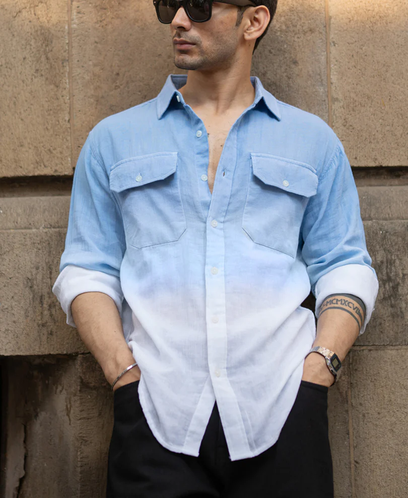 Powerlook Blue Double Pocket Ombre Shirt  Cotton
