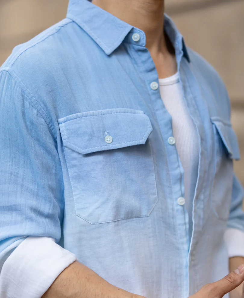 Powerlook Blue Double Pocket Ombre Shirt  Cotton