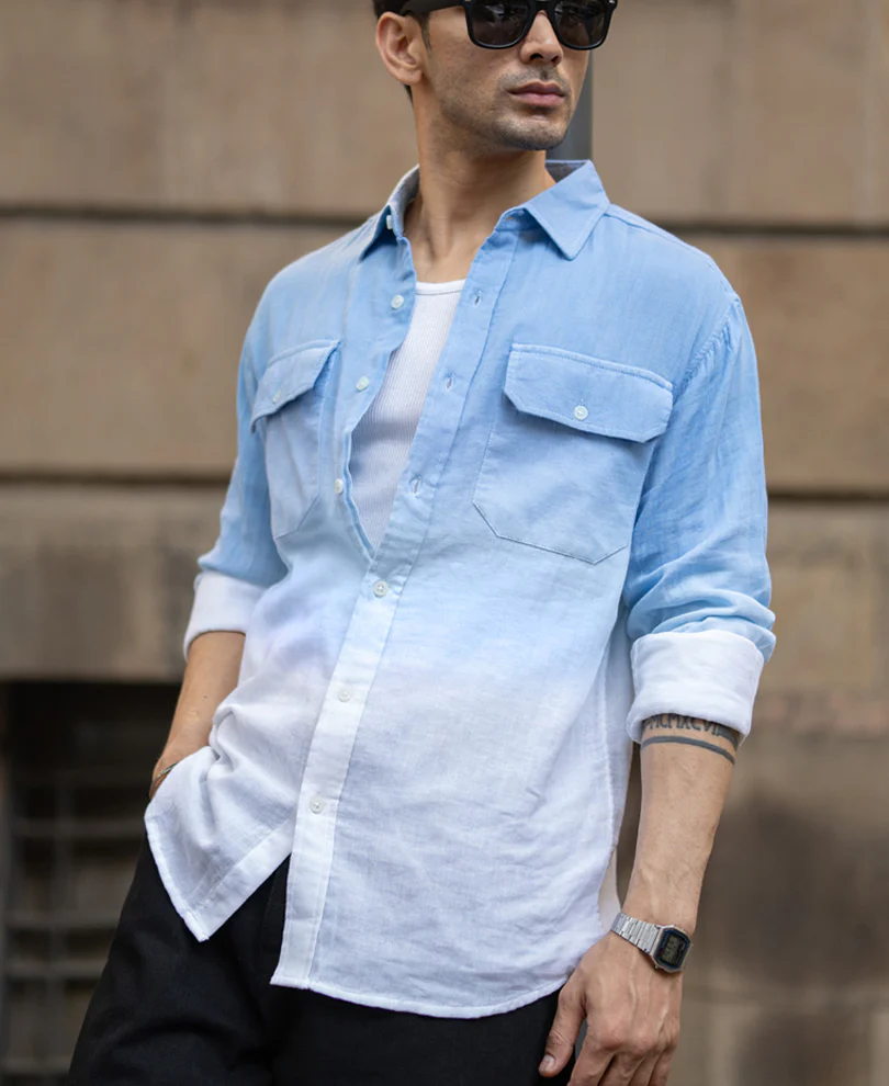 Powerlook Blue Double Pocket Ombre Shirt  Cotton