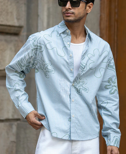 Powerlook Blue Stripe Abstract Print Shirt  Cotton