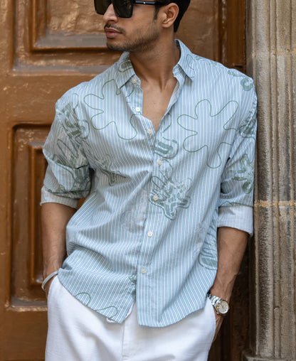 Powerlook Blue Stripe Abstract Print Shirt  Cotton