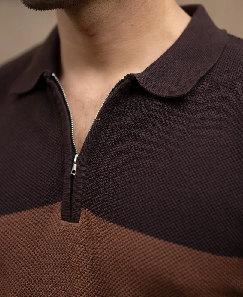 Powerlook Brown & Beige Stripe Knit T-Shirt  Cotton