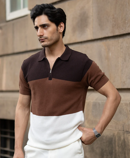 Powerlook Brown & Beige Stripe Knit T-Shirt  Cotton