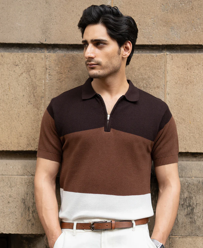 Powerlook Brown & Beige Stripe Knit T-Shirt  Cotton