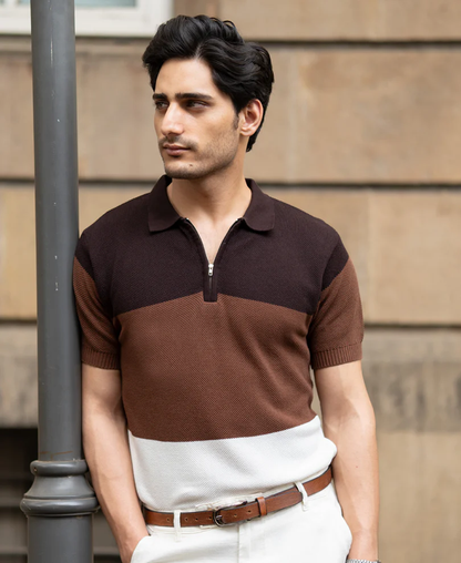 Powerlook Brown & Beige Stripe Knit T-Shirt  Cotton