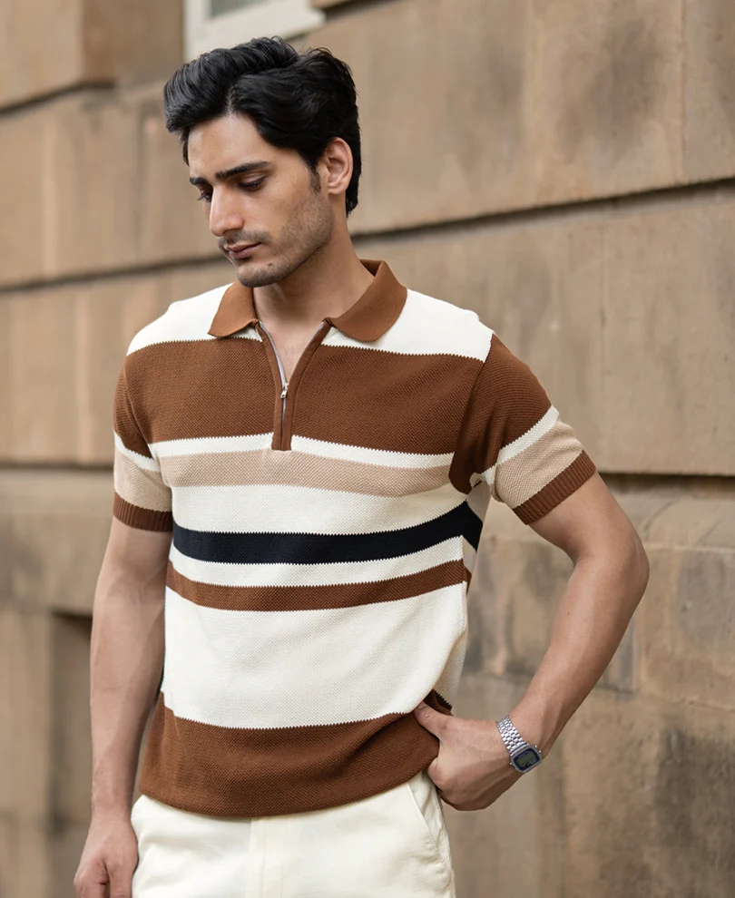 Powerlook Multi Color Stripe Knit T-Shirt  Cotton