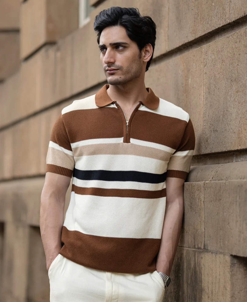Powerlook Multi Color Stripe Knit T-Shirt  Cotton