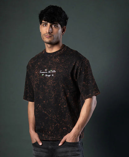 Powerlook Dark Brown Floral Embroidery T-Shirt  Cotton