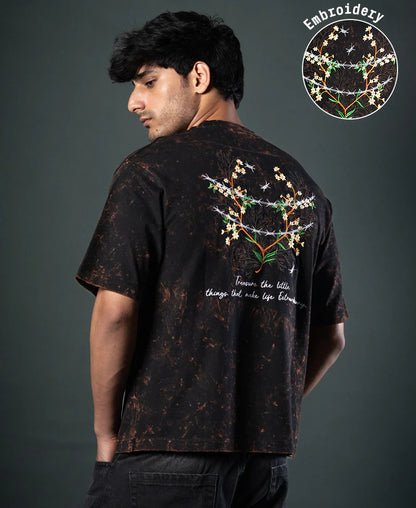 Powerlook Dark Brown Floral Embroidery T-Shirt  Cotton