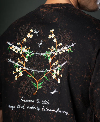 Powerlook Dark Brown Floral Embroidery T-Shirt  Cotton