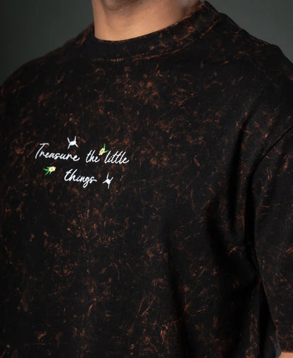 Powerlook Dark Brown Floral Embroidery T-Shirt  Cotton