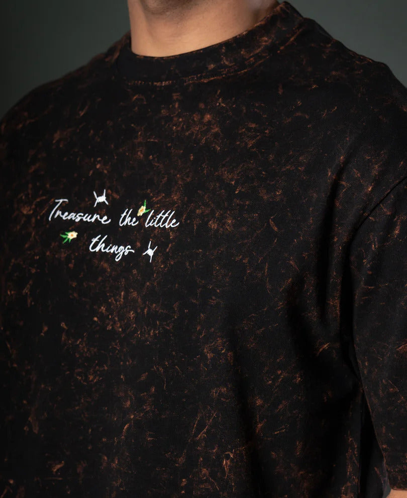 Powerlook Dark Brown Floral Embroidery T-Shirt  Cotton