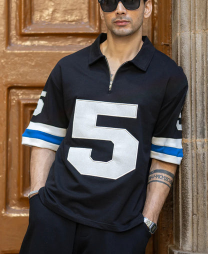 Powerlook Black Contrast Applique T-Shirt  Cotton