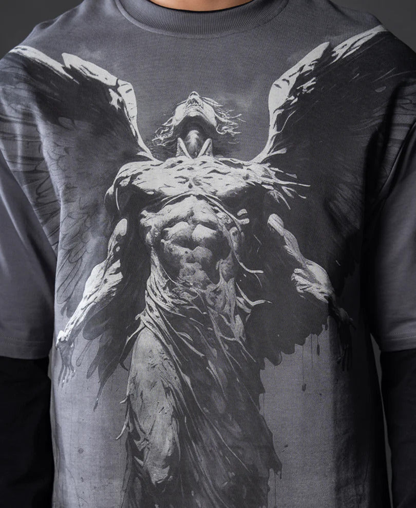Powerlook Grey Angel Grunge T-Shirt  Cotton
