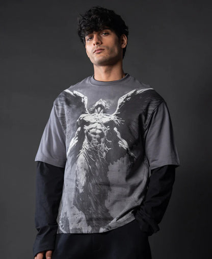 Powerlook Grey Angel Grunge T-Shirt  Cotton