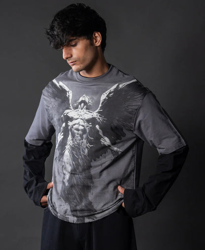 Powerlook Grey Angel Grunge T-Shirt  Cotton
