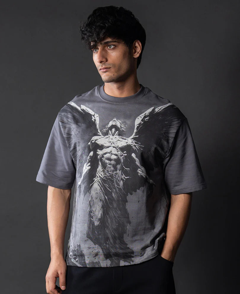Powerlook Grey Angel Grunge T-Shirt  Cotton