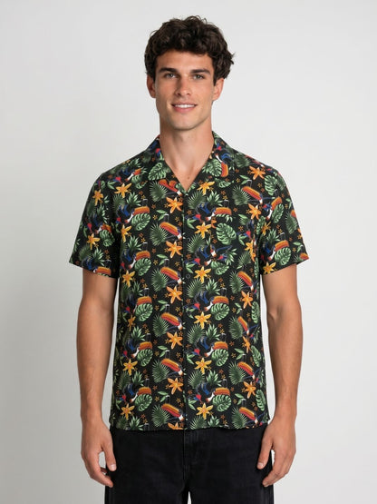 Mokajodi Men's Relaxed Printed Cuban Collar Shirt