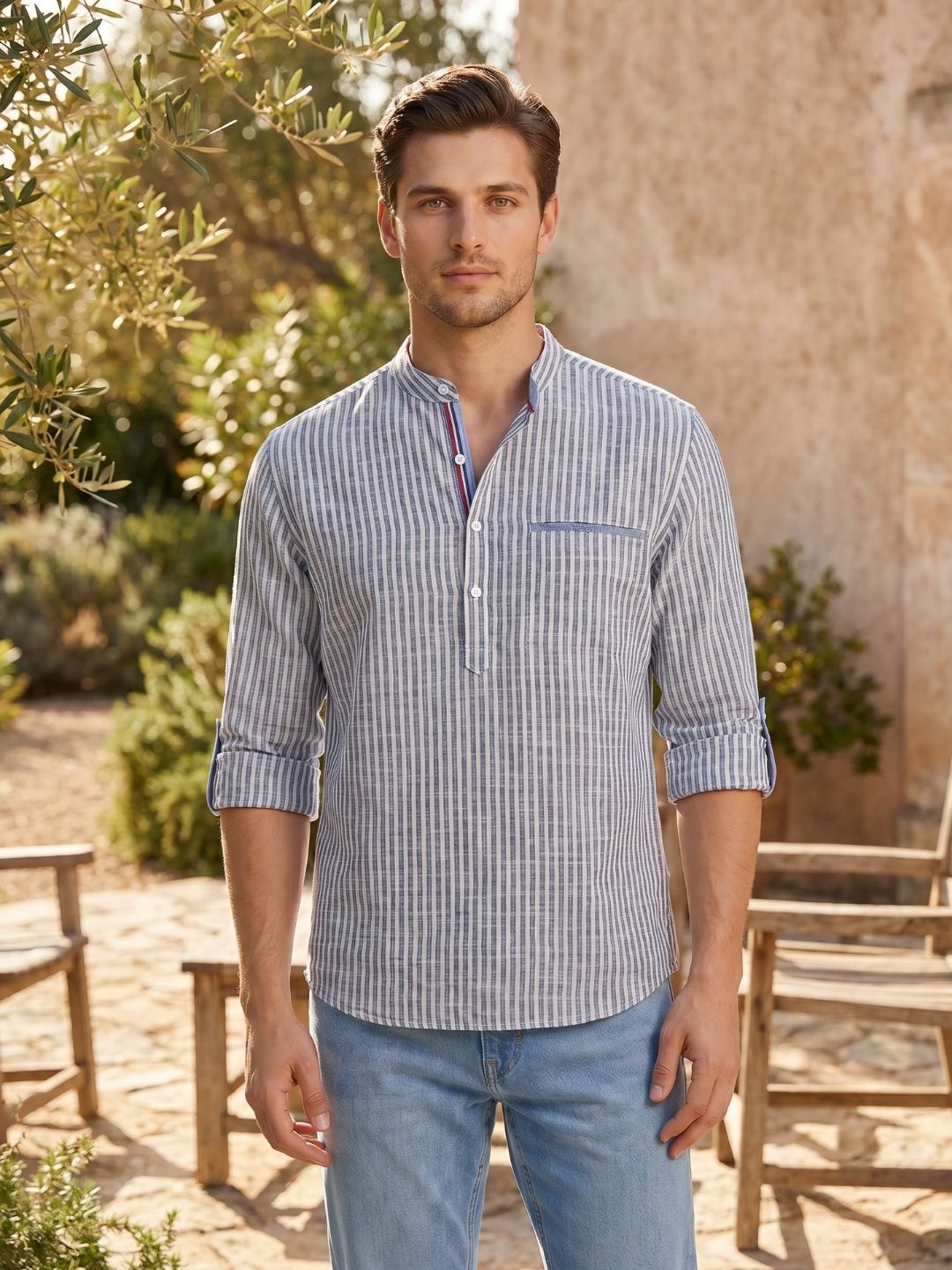 Mokajodi Men's Slim Fit Linen Chinese Shirt