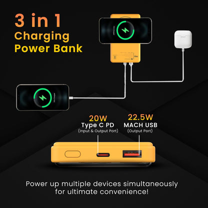Luxcell Wireless Mini 10k 10000mAh 15W Magnetic Wireless Fast Charging Nano Power Bank with 22.5 Wired Output Compatible with iPhone 12 & Above & Other QI Enabled Devices (Yellow)