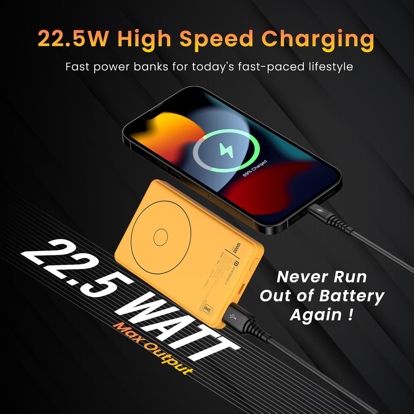 Luxcell Wireless Mini 10k 10000mAh 15W Magnetic Wireless Fast Charging Nano Power Bank with 22.5 Wired Output Compatible with iPhone 12 & Above & Other QI Enabled Devices (Yellow)