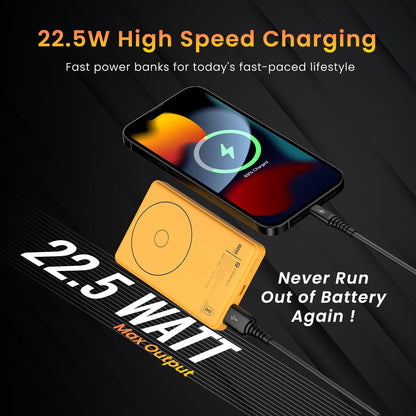 Luxcell Wireless Mini 10k 10000mAh 15W Magnetic Wireless Fast Charging Nano Power Bank with 22.5 Wired Output Compatible with iPhone 12 & Above & Other QI Enabled Devices (Yellow)