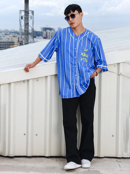 House Of Koala Men Stripe Printed Blue Classic Oversized Fit Baseball Shirt