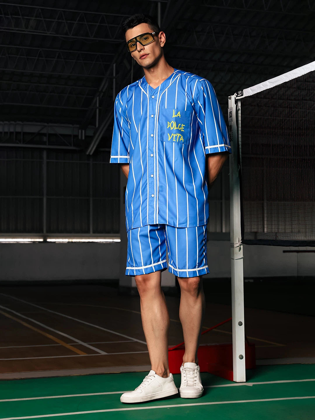 House Of Koala Men Stripe Printed Blue Classic Oversized Fit Baseball Shirt