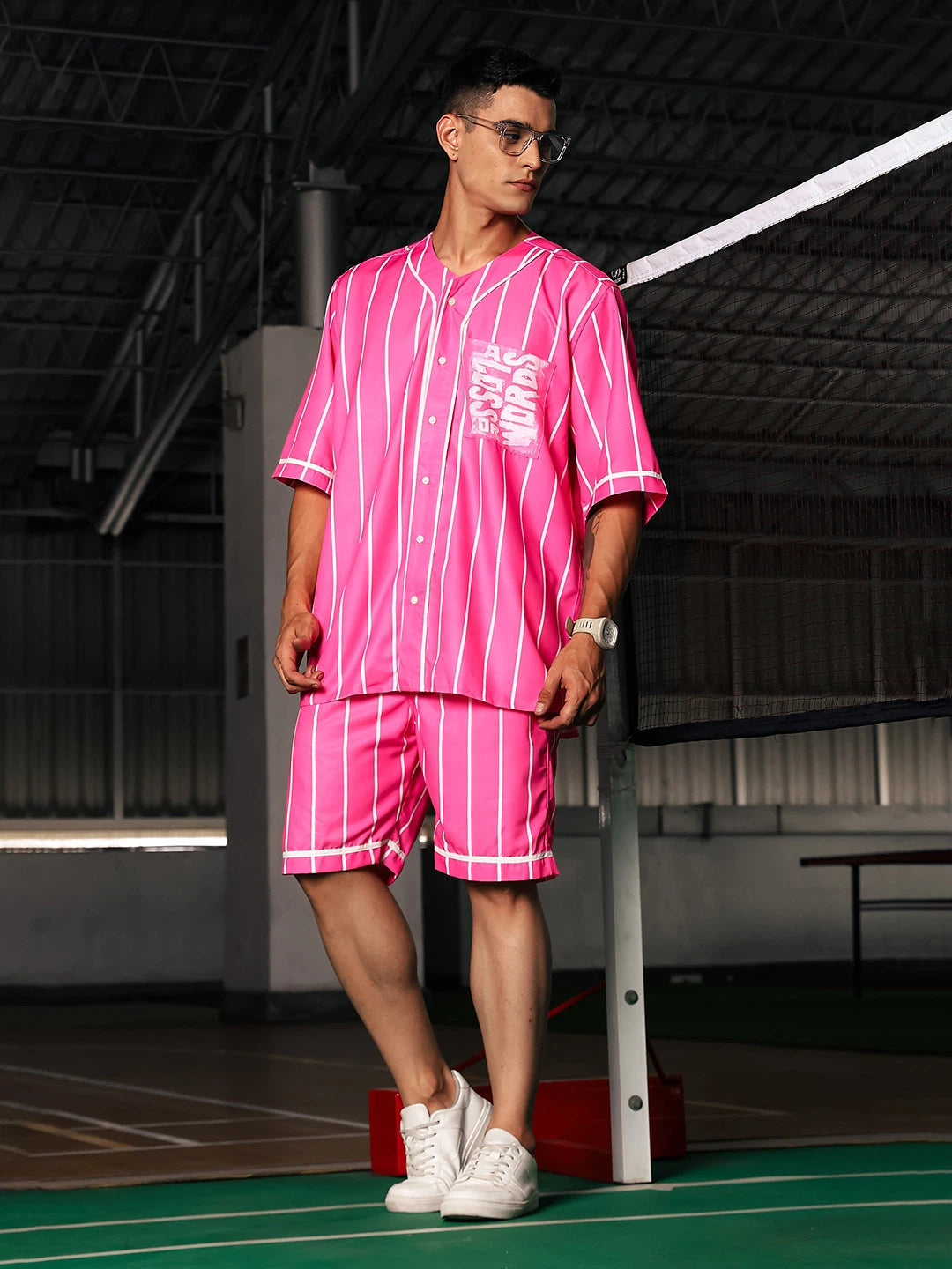 House Of Koala Men Striped Printed Pink Classic Oversized Fit Baseball Shirt