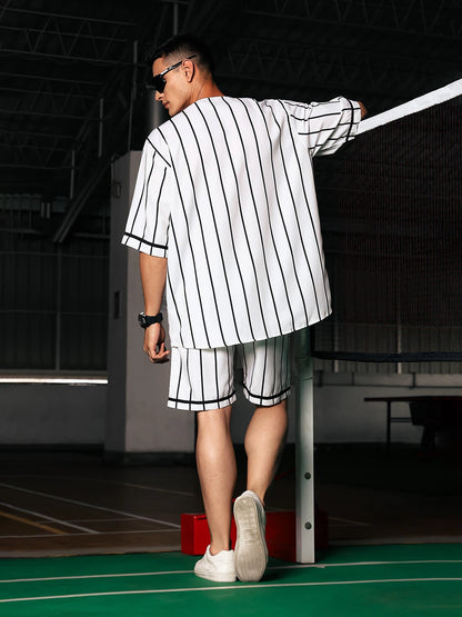 House Of Koala Men Stripe Printed White Classic Oversized Fit Baseball Shirt