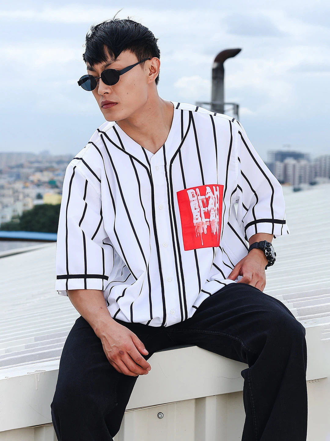 House Of Koala Men Stripe Printed White Classic Oversized Fit Baseball Shirt