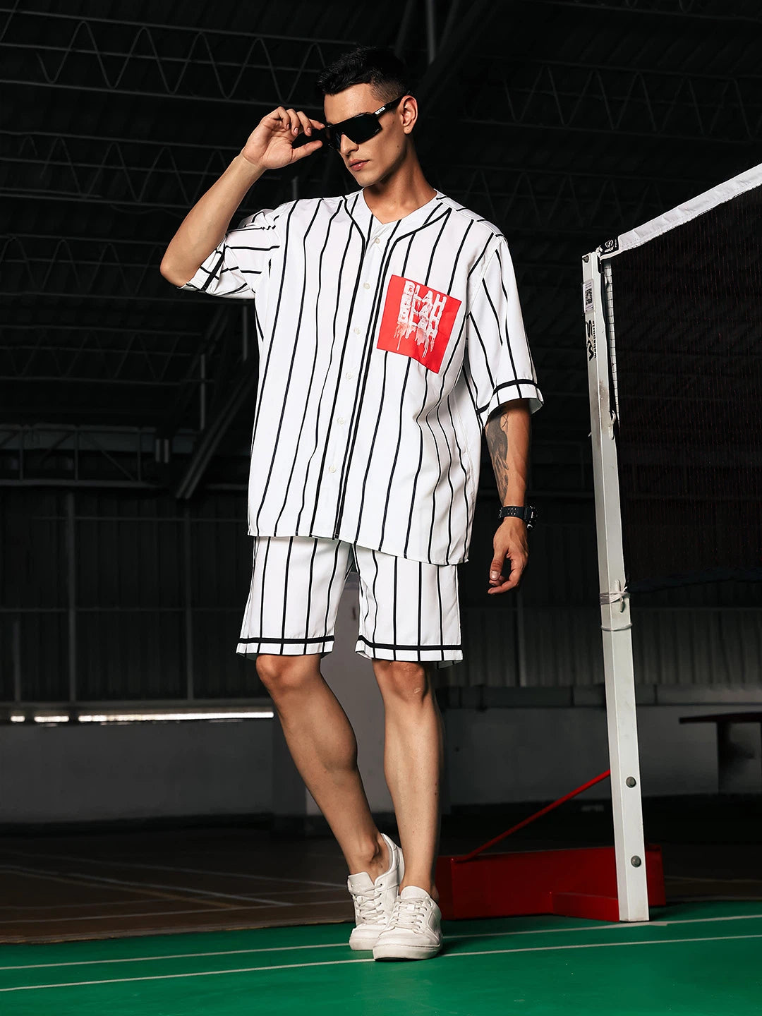 House Of Koala Men Stripe Printed White Classic Oversized Fit Baseball Shirt