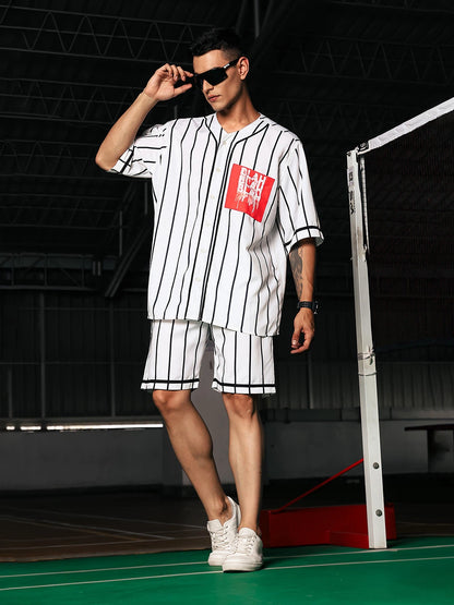 House Of Koala Men Stripe Printed White Classic Oversized Fit Baseball Shirt