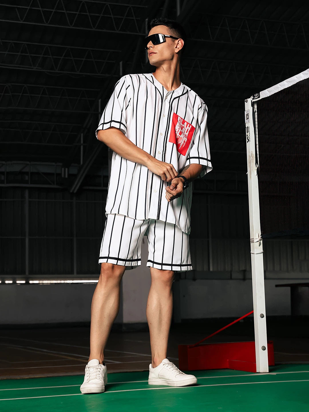 House Of Koala Men Stripe Printed White Classic Oversized Fit Baseball Shirt