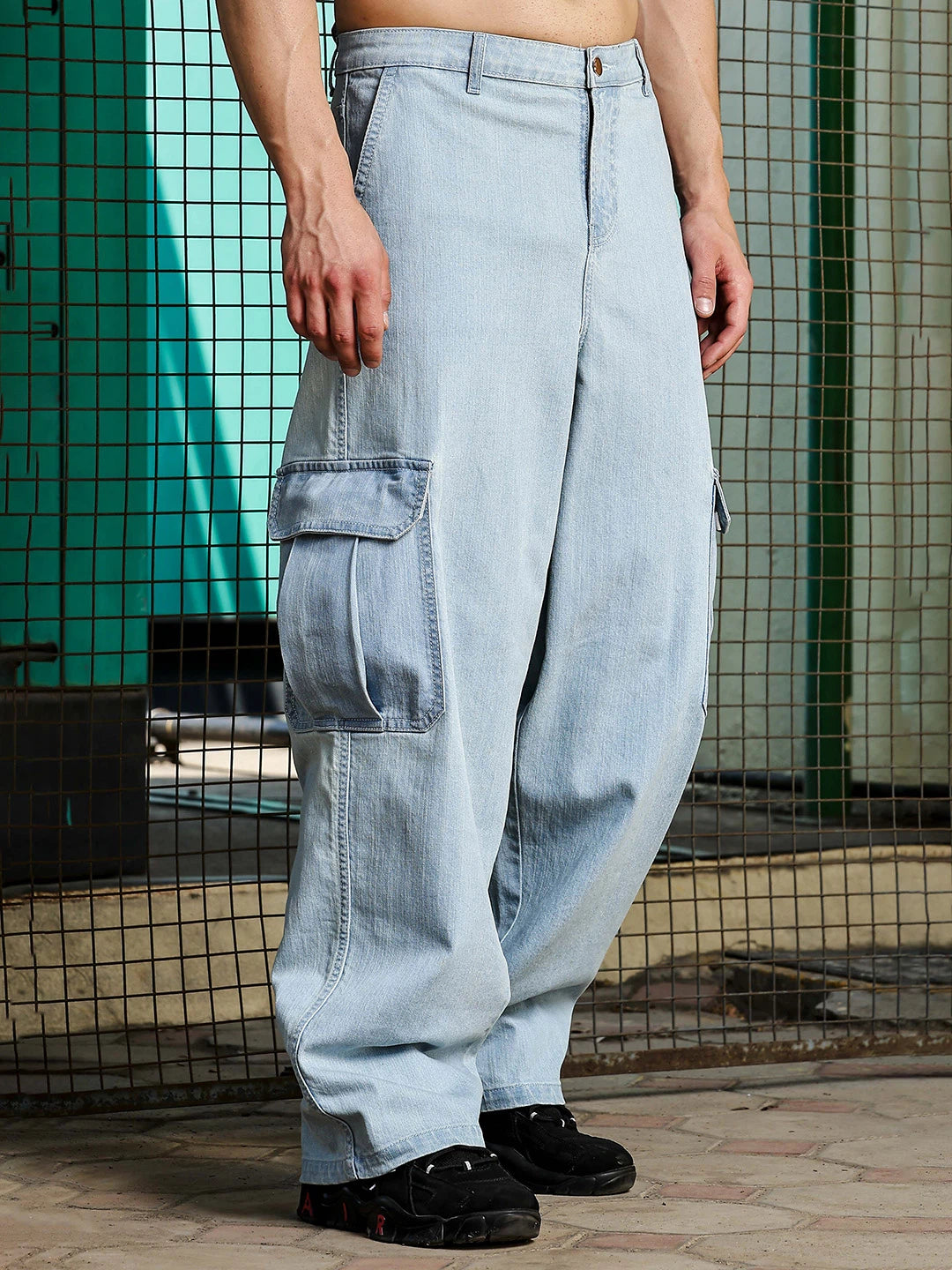 House Of Koala Light Blue Raw Wash Heavy Weight Premium Streetwear Baggy Fit Denim Cargo