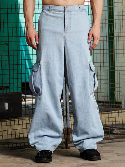 House Of Koala Light Blue Raw Wash Heavy Weight Premium Streetwear Baggy Fit Denim Cargo