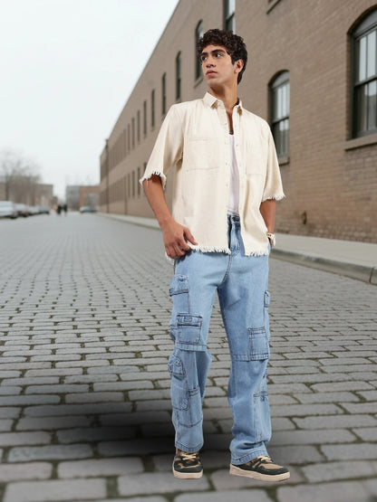 House Of Koala Off-White Raw Edge Oversized Box-Fit Spread Collar Premium Denim Shirt