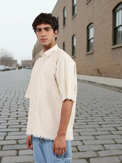 House Of Koala Off-White Raw Edge Oversized Box-Fit Spread Collar Premium Denim Shirt