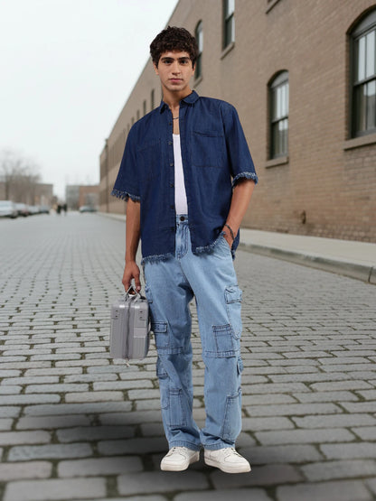 House Of Koala Navy Denim Raw Edge Oversized Box-Fit Spread Collar Half Sleeve Shirt